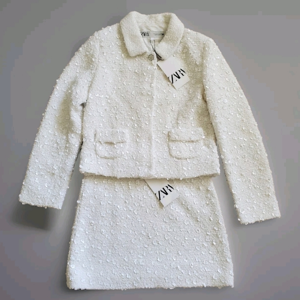 Zara 2pc Set Matching Textured sequin Beaded Jewel White Size XS and S - Picture 17 of 17